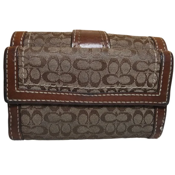 Coach Signature Jacquard Khaki Mini Leather Wallet - Picture 2 of 10